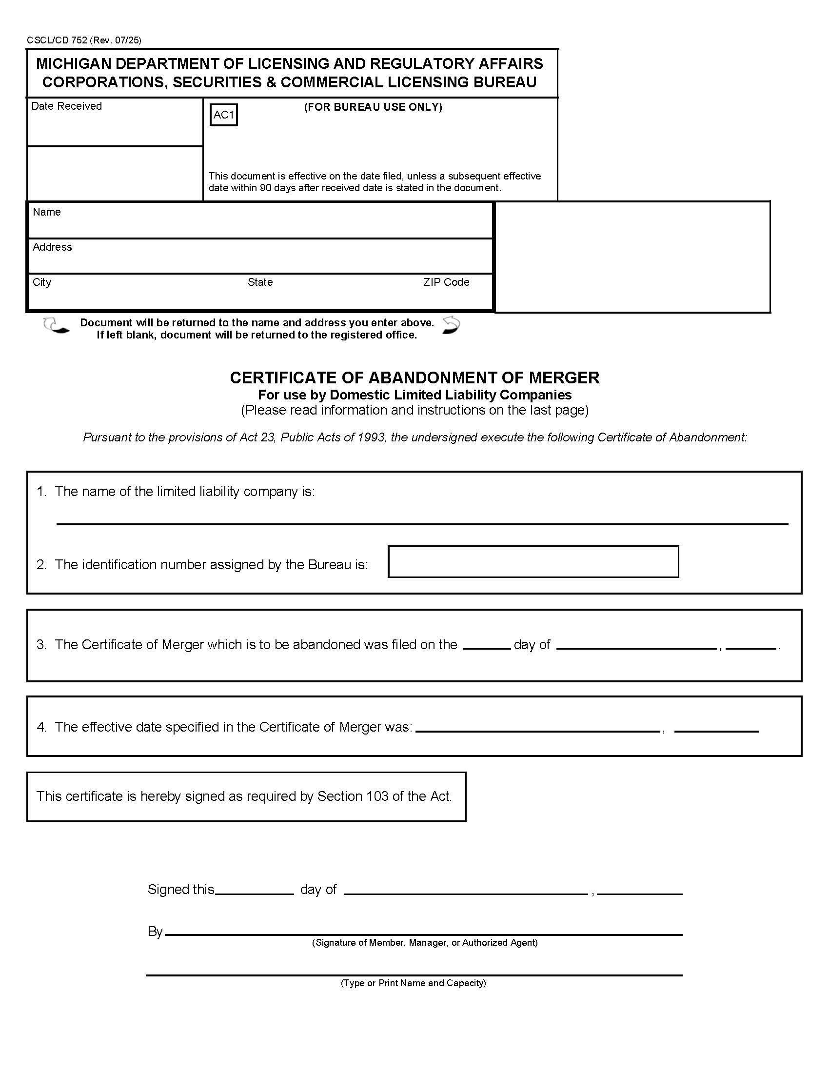 Certificate Of Abandonment Of Merger For Use By Domestic LLCs {752} | Pdf Fpdf Docx | Michigan