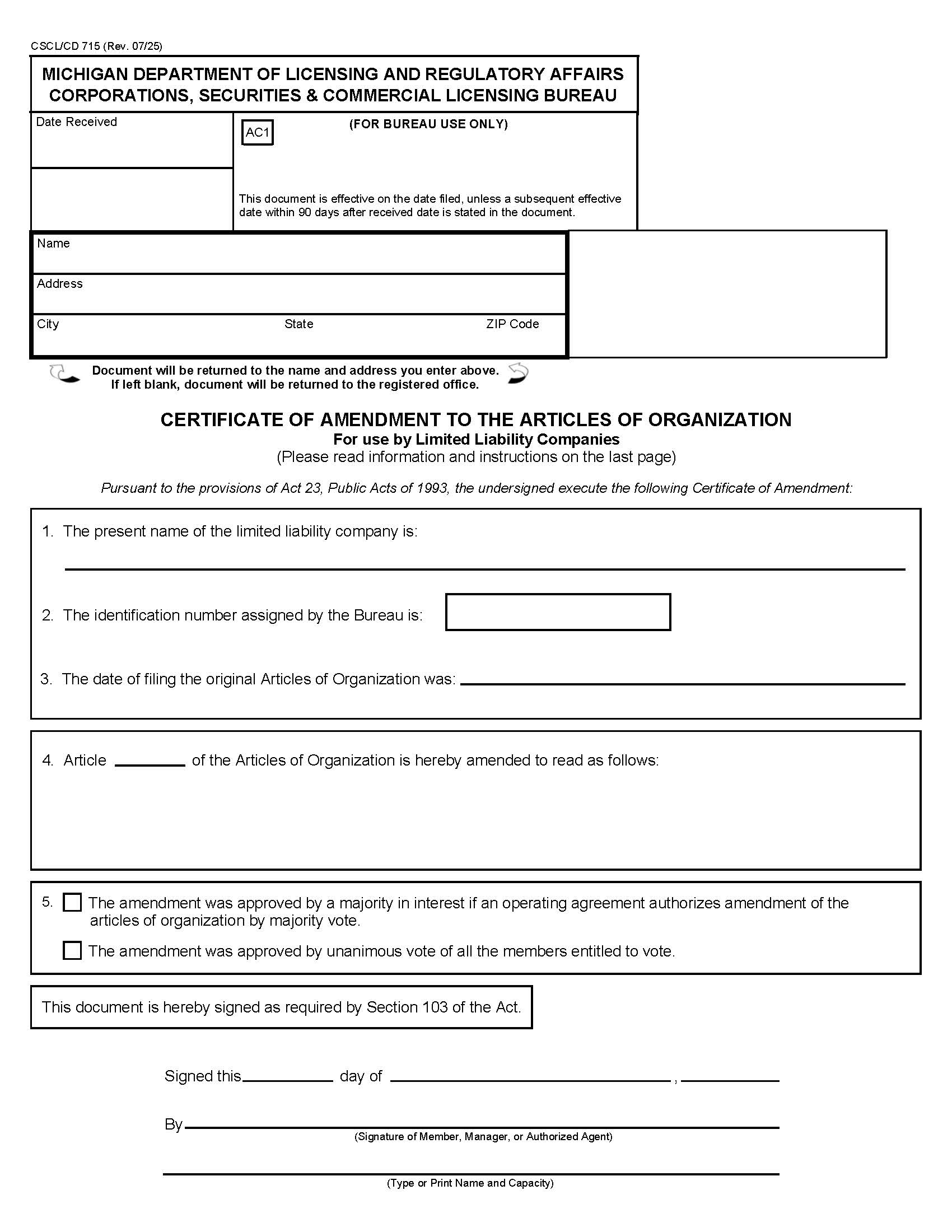 Certificate Of Amendment To Articles Of Organization For Use By LLCs {715} | Pdf Fpdf Docx | Michigan