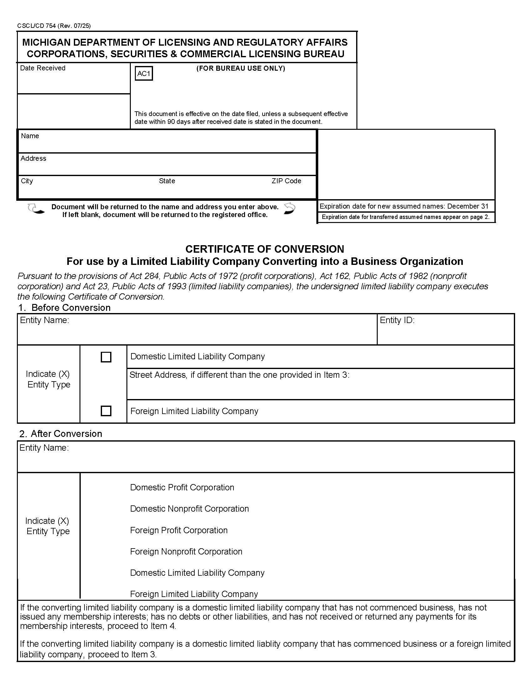 Certificate Of Conversion {754} | Pdf Fpdf Docx | Michigan
