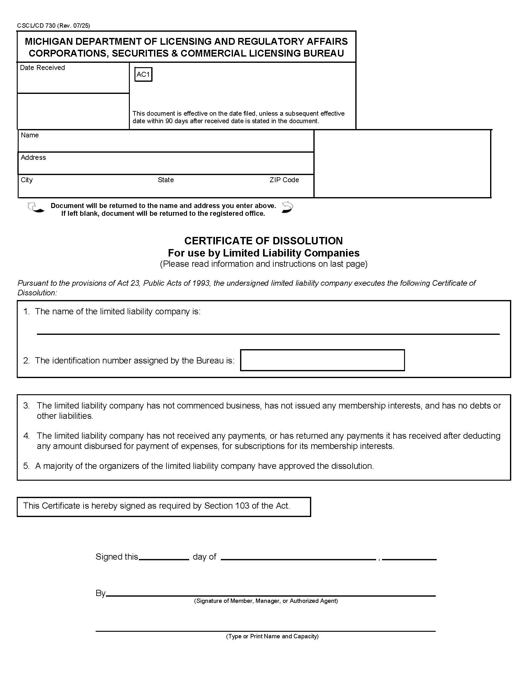 Certificate Of Dissolution {730} | Pdf Fpdf Docx | Michigan