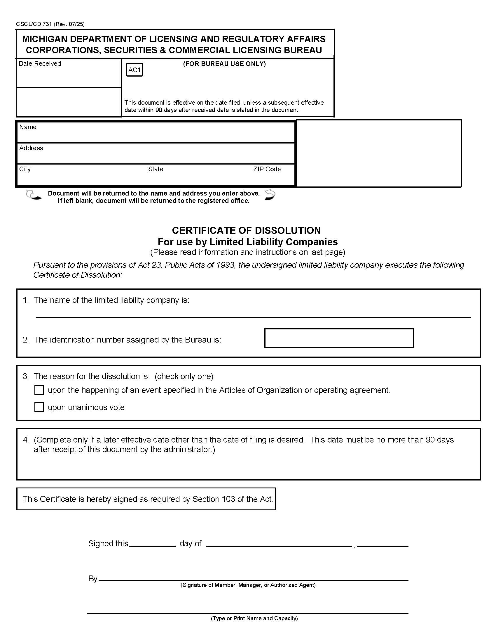 Certificate Of Dissolution For Use By LLCs {731} | Pdf Fpdf Docx | Michigan