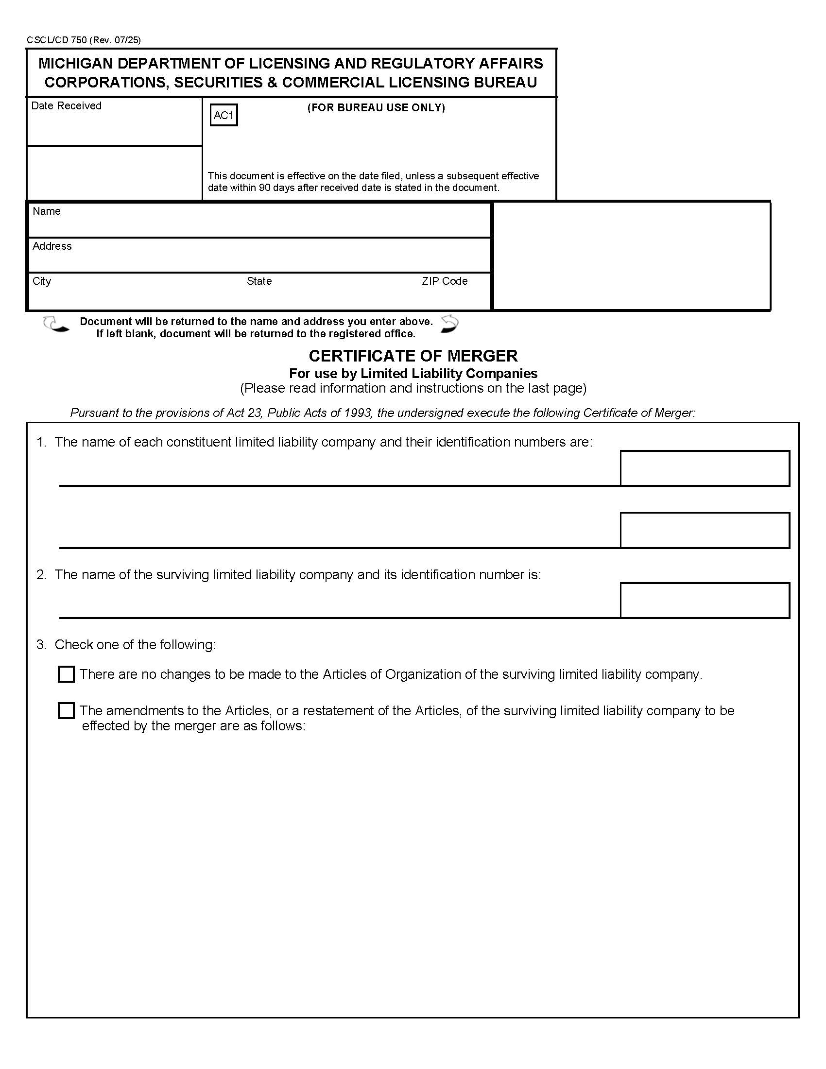 Certificate Of Merger For Use By LLCs {750} | Pdf Fpdf Docx | Michigan