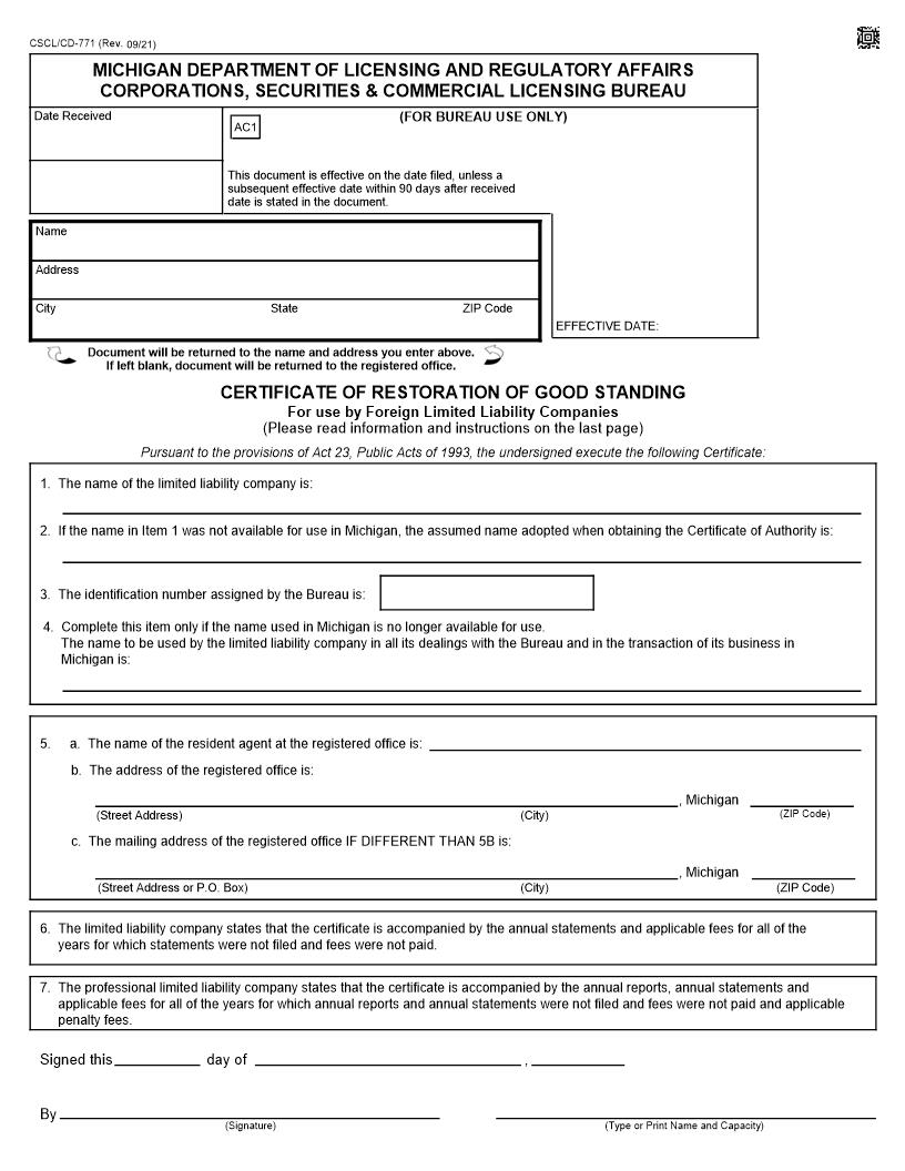 Certificate Of Restoration Of Good Standing For Use By Foregin LLCs {771} | Pdf Fpdf Docx | Michigan