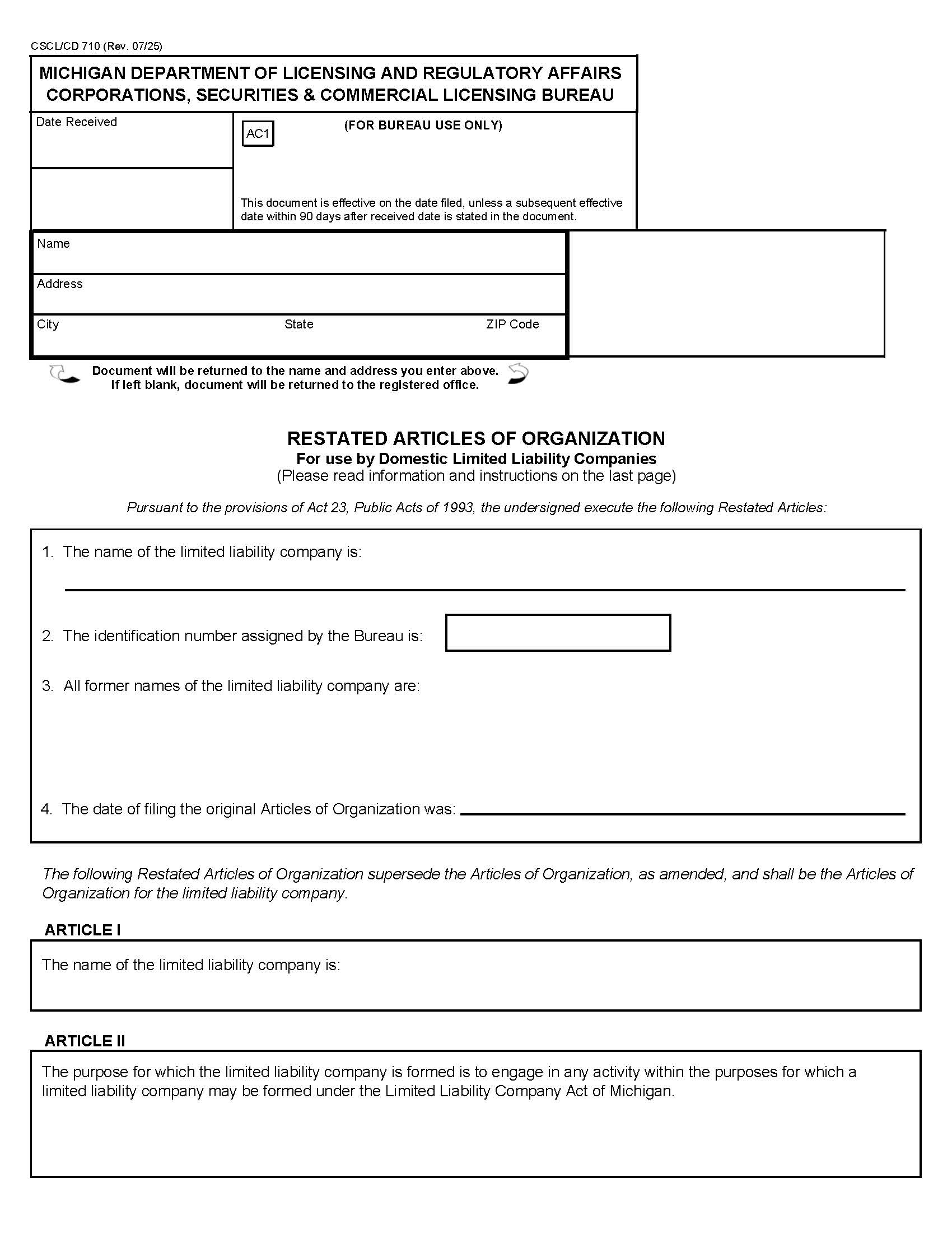 Restated Articles Of Organization For Use By Domestic LLCs {710} | Pdf Fpdf Docx | Michigan