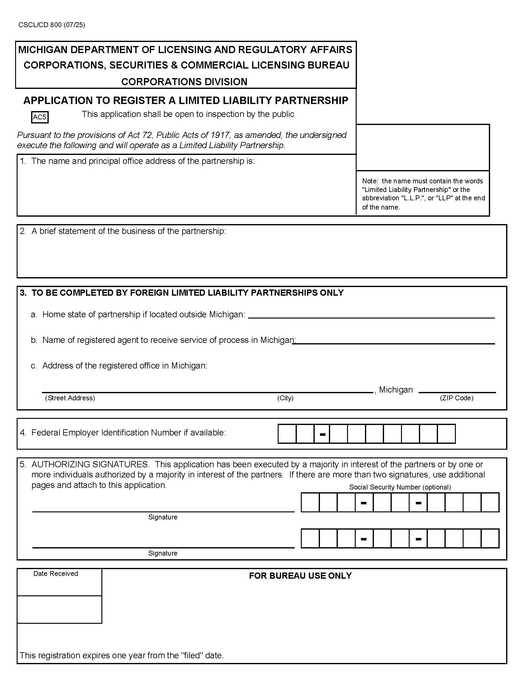 Application To Register LLP {800} | Pdf Fpdf Docx | Michigan