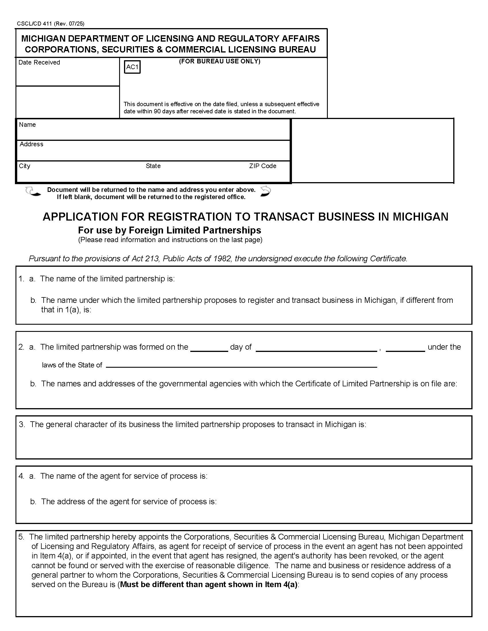 Application For Registration To Transact Business In MI For Use By Foreign LPs {411} | Pdf Fpdf Docx | Michigan