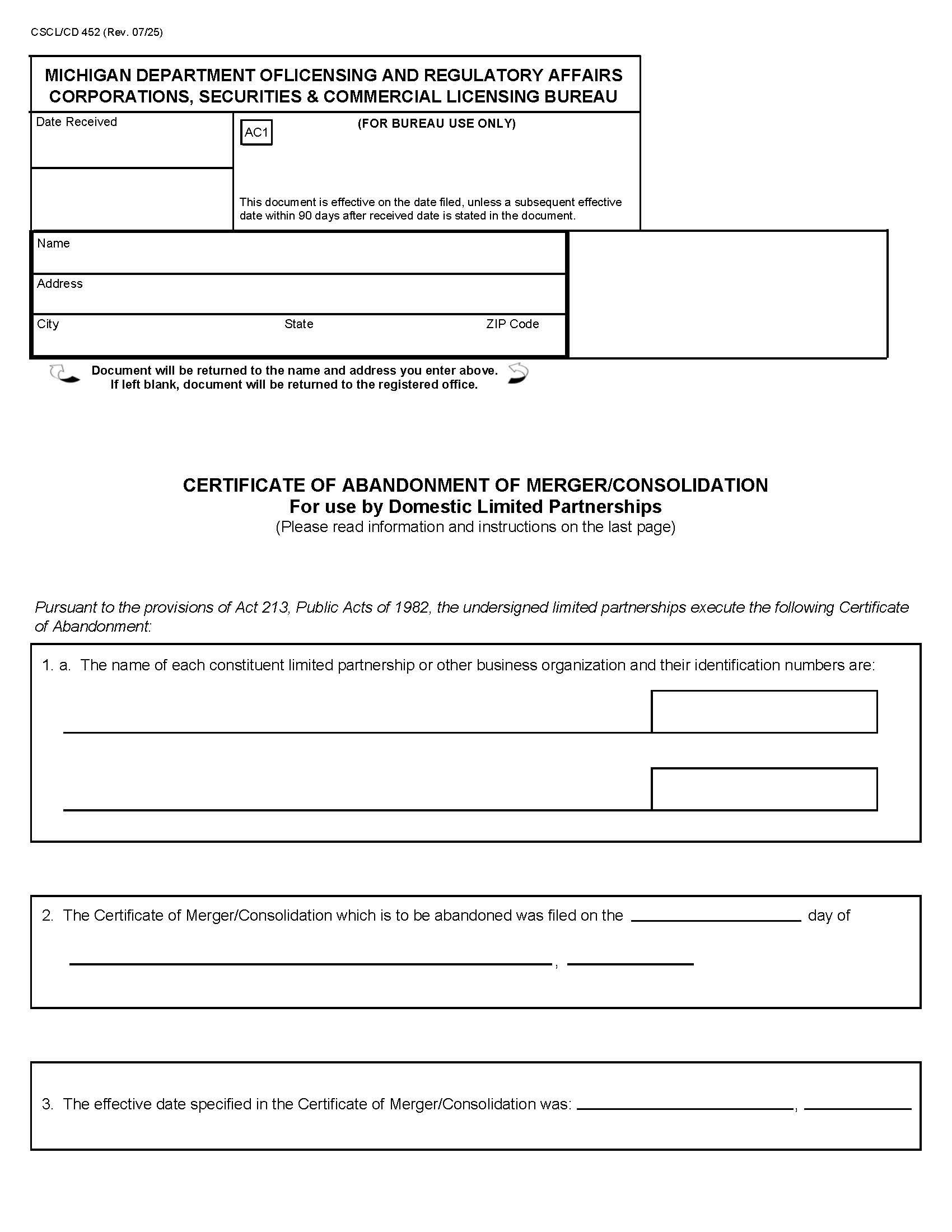 Certificate Of Abandonment Of Merger Or Consolidation For Use By Domestic LPs {452} | Pdf Fpdf Docx | Michigan