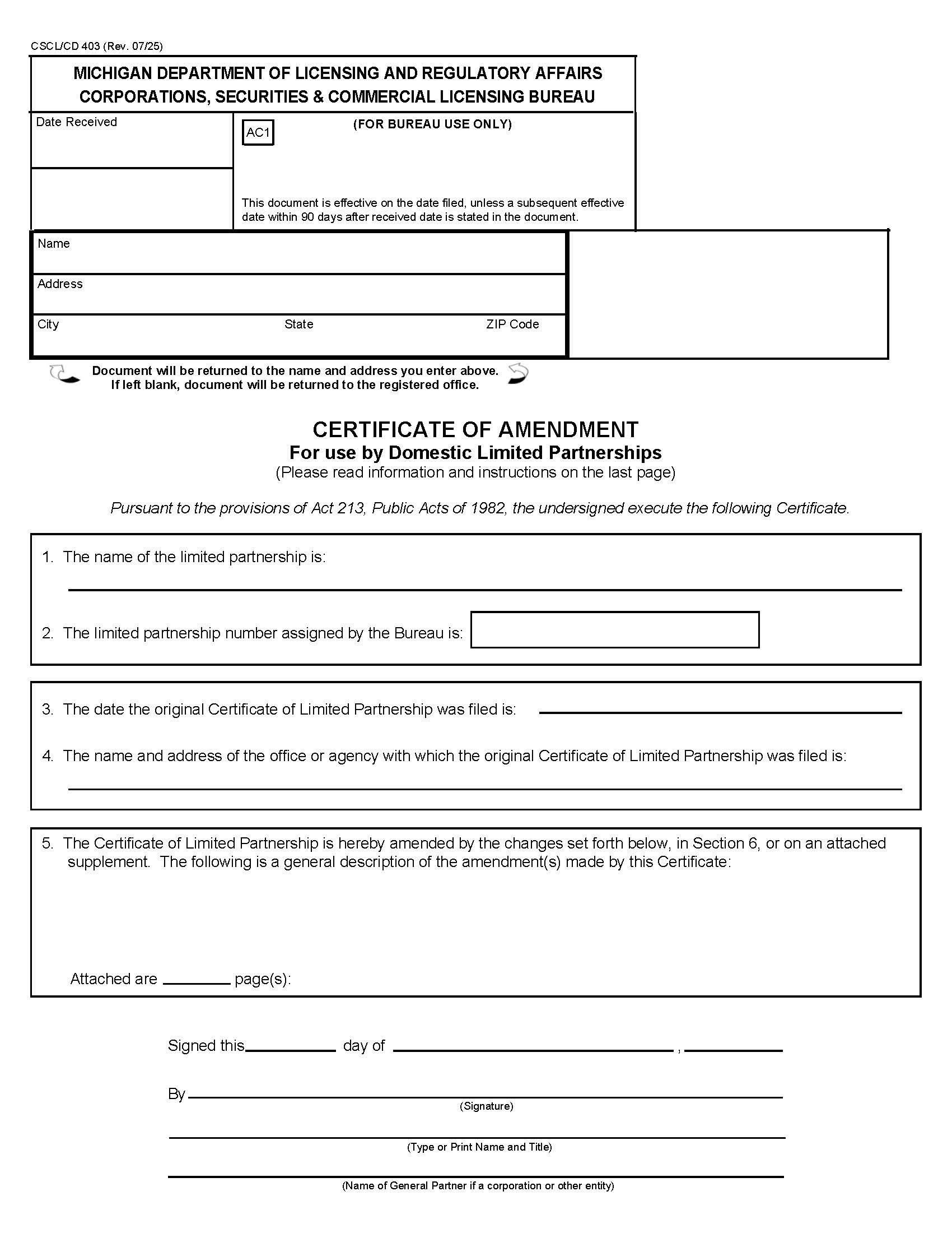 Certificate Of Amendment For Use By Domestic LPs {403} | Pdf Fpdf Docx | Michigan