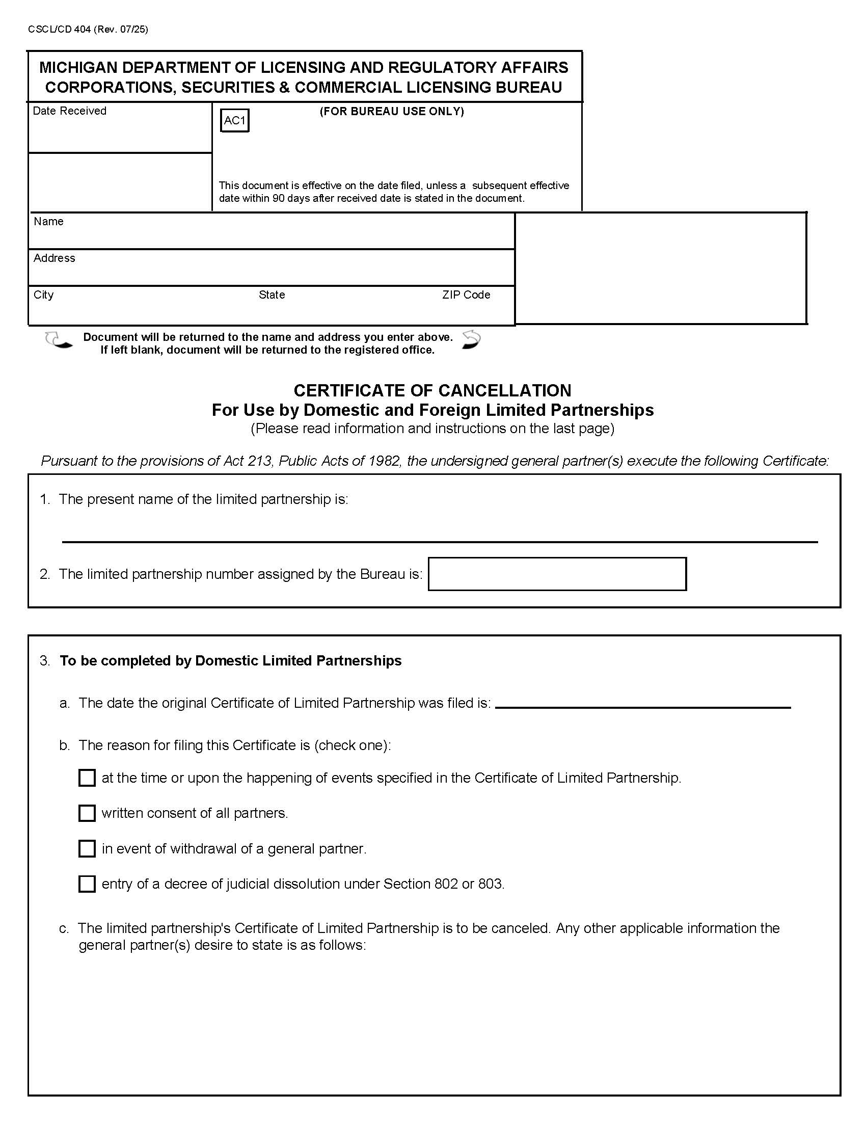Certificate Of Cancellation For Use By Domestic And Foreign LPs {404} | Pdf Fpdf Docx | Michigan