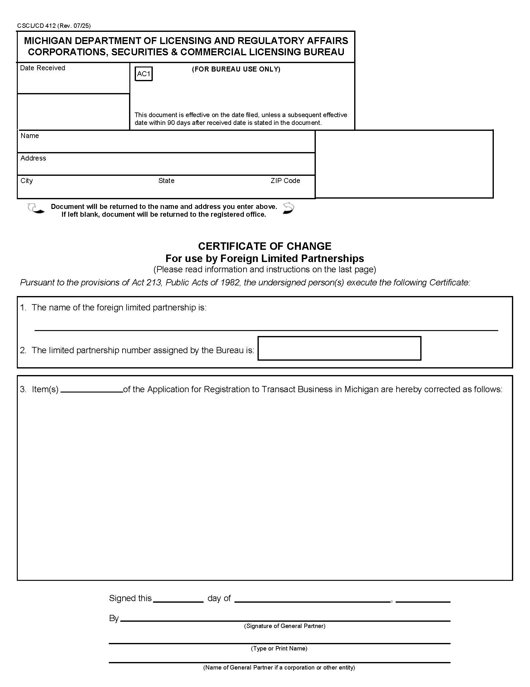 Certificate Of Change For Use By Foreign LPs {412} | Pdf Fpdf Docx | Michigan