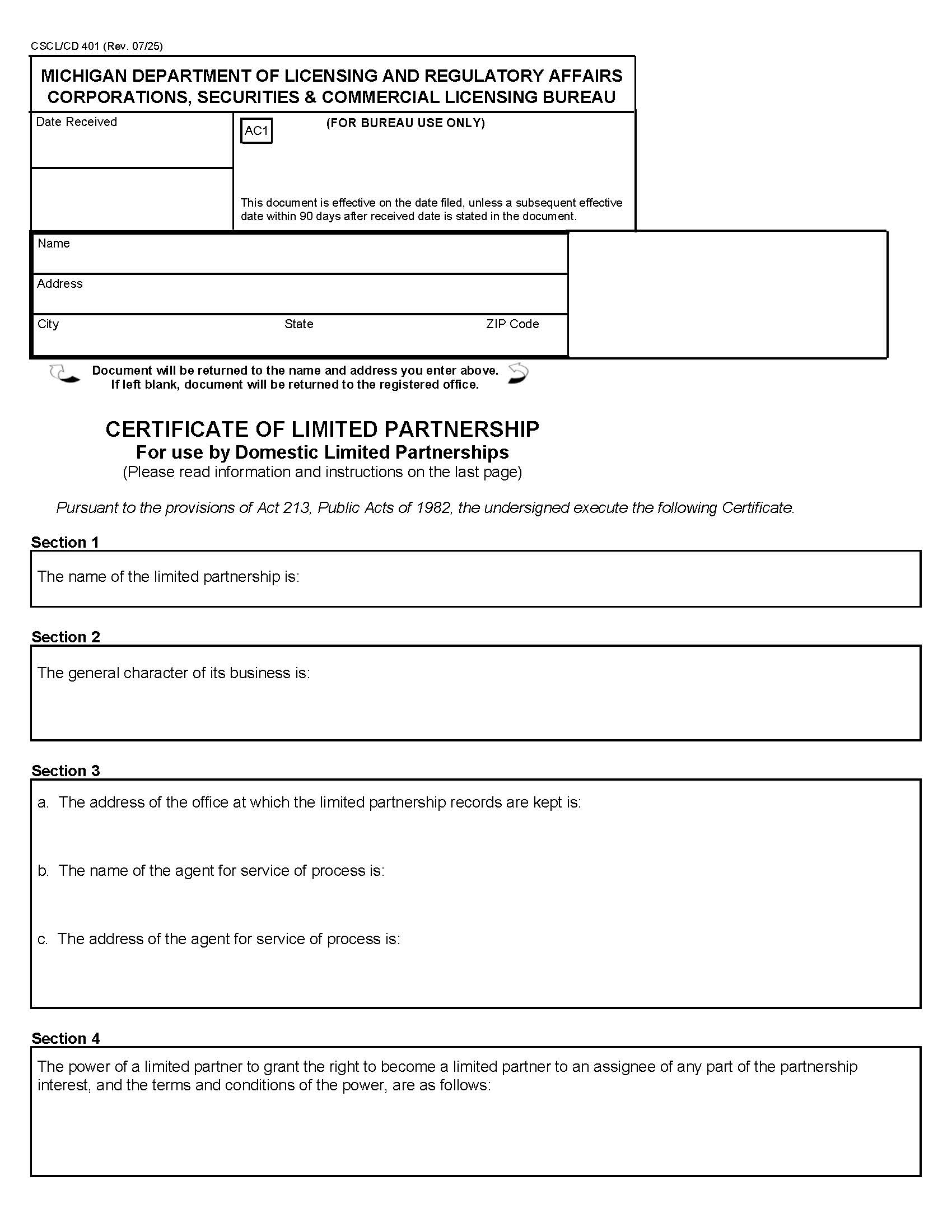 Certificate Of Limited Partnership For Use By Domestic LPs {401} | Pdf Fpdf Docx | Michigan