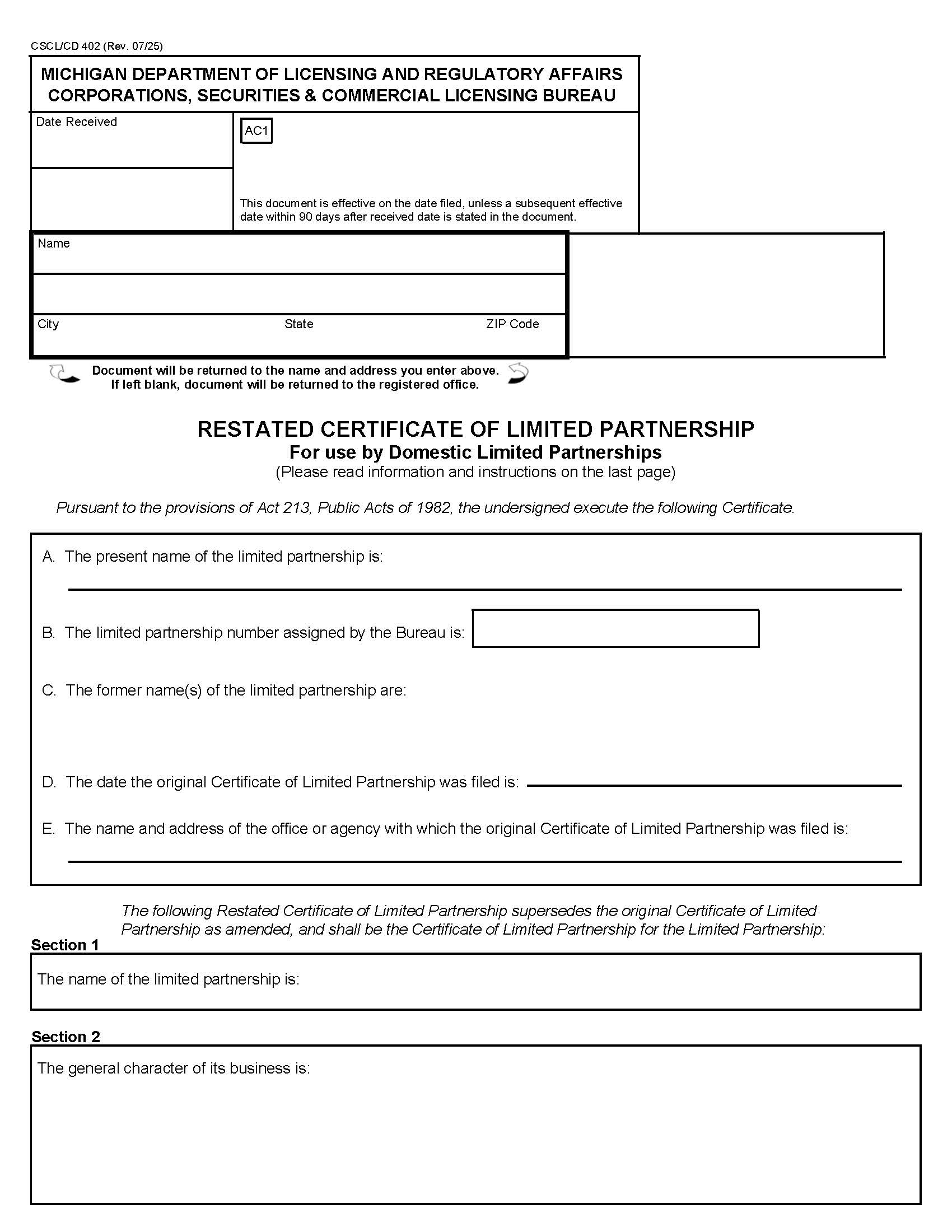 Restated Certificate Of Limited Partnership For Use By Domestic LPs {402} | Pdf Fpdf Docx | Michigan