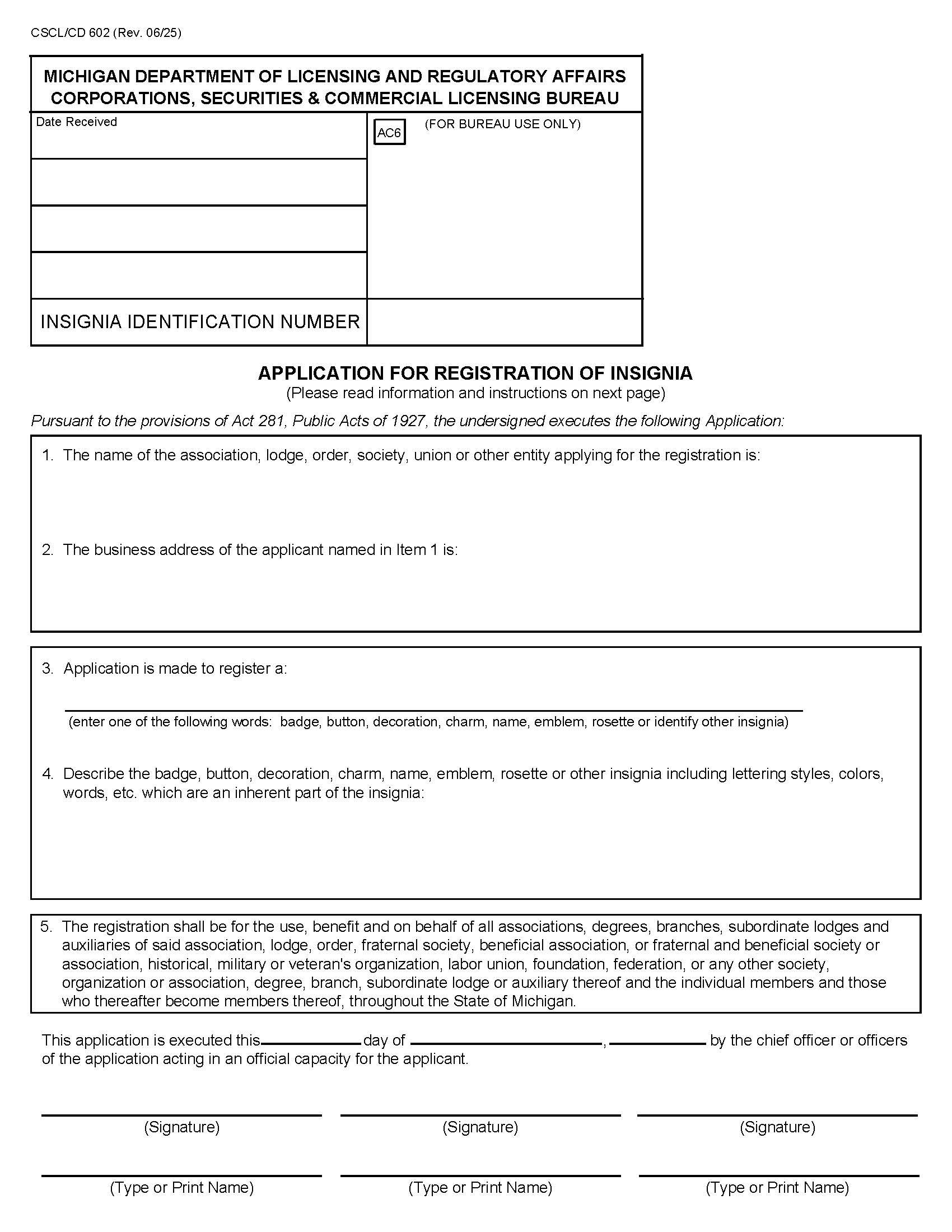 Application For Registration Of Insignia {602} | Pdf Fpdf Docx | Michigan