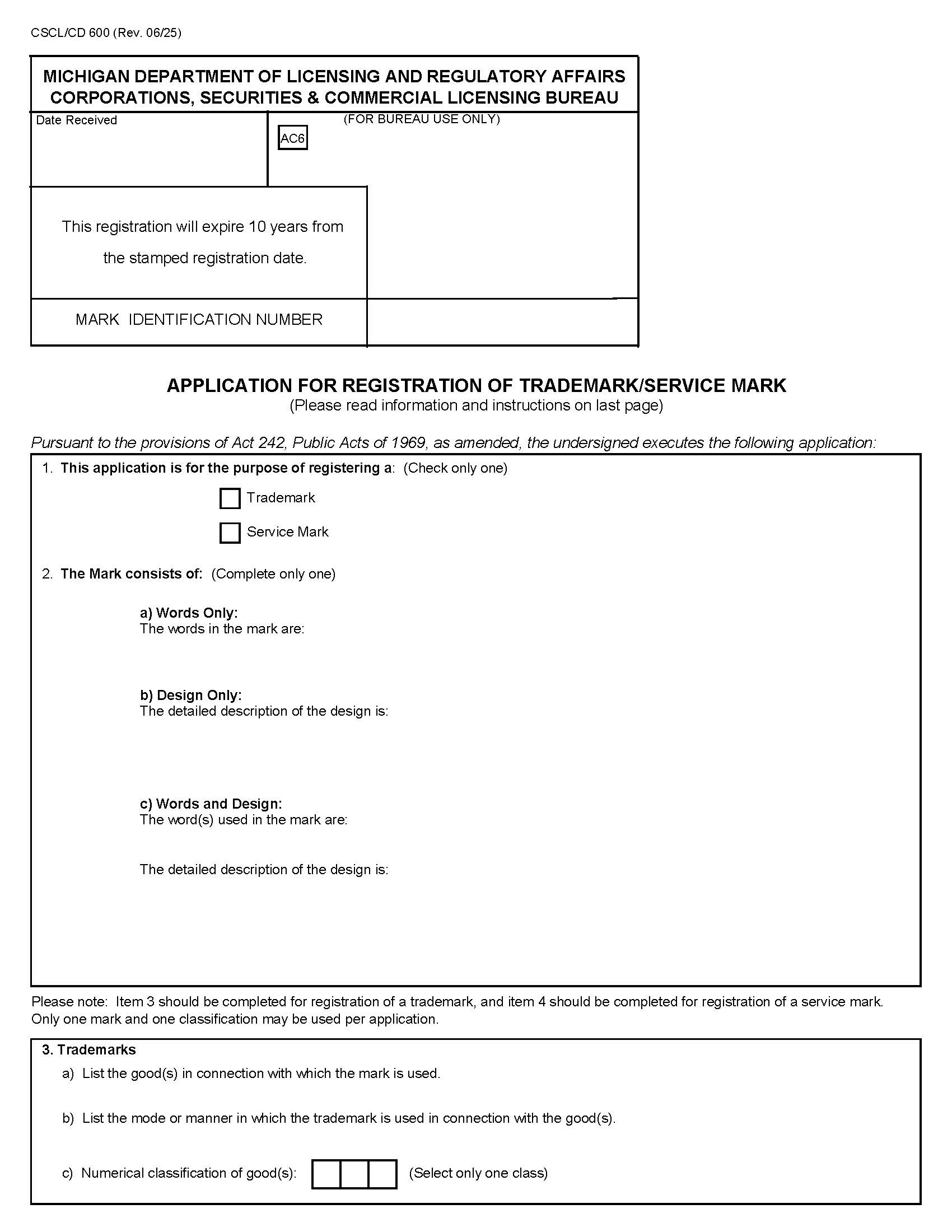 Application For Registration Of Trademark Or Service Mark {600} | Pdf Fpdf Docx | Michigan