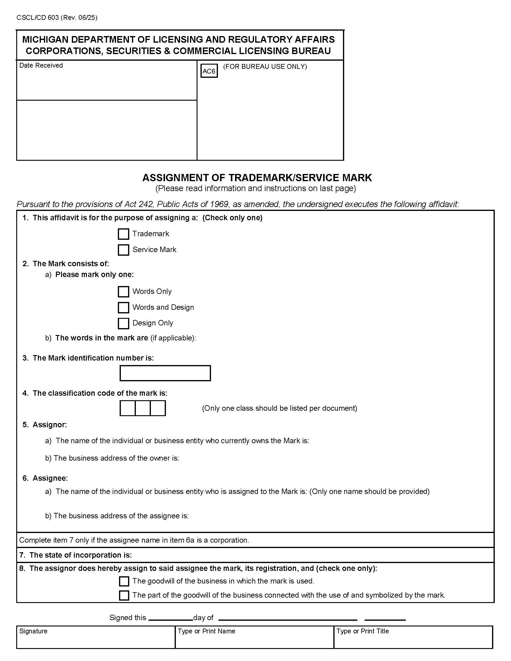 Assignment Of Trademark Or Service Mark {603} | Pdf Fpdf Docx | Michigan