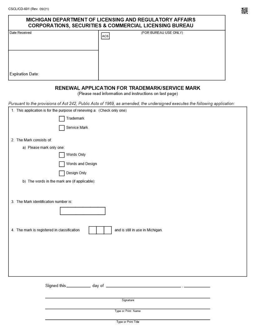 Renewal Application For Trademark Or Service Mark {601} | Pdf Fpdf Docx | Michigan