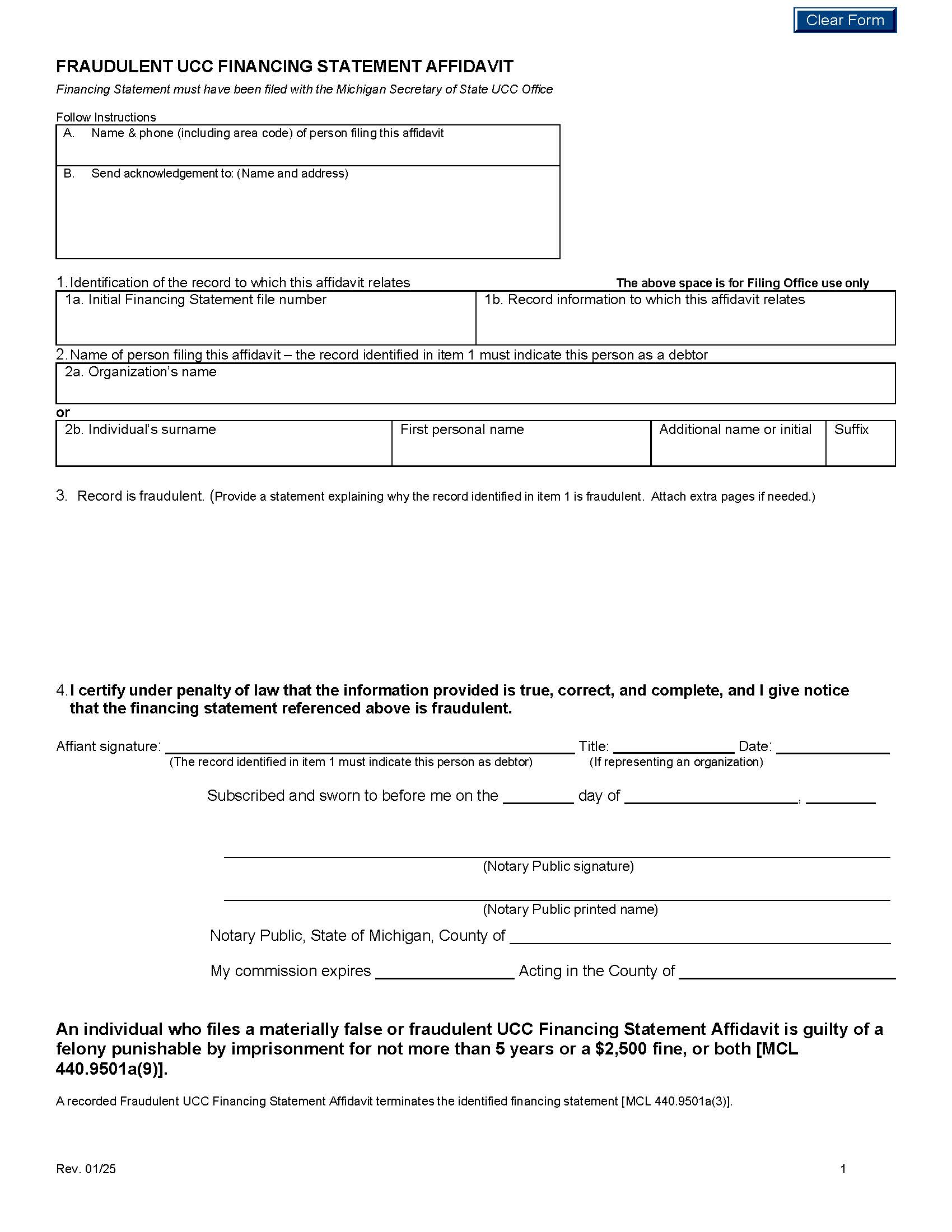Fraudulent UCC Financing Statement Affidavit {UCC7} | Pdf Fpdf Doc Docx | Michigan