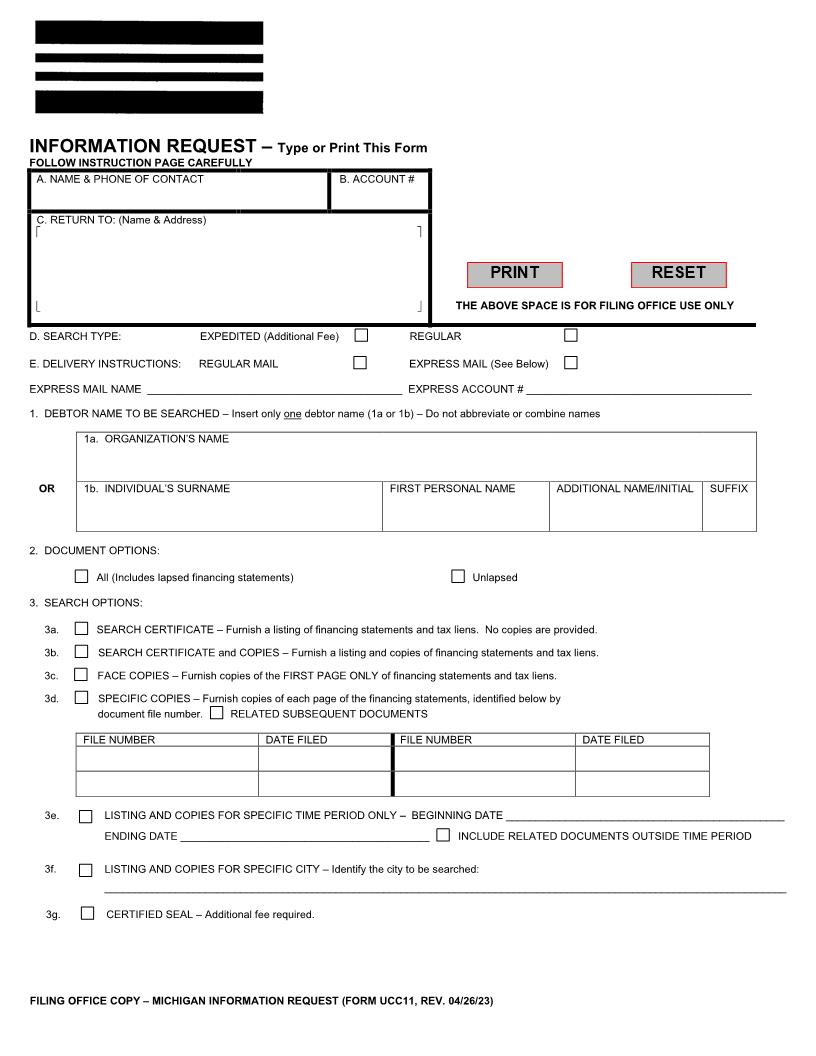 Information Request (Michigan) With Instructions {UCC11} | Pdf Fpdf Doc Docx | Michigan
