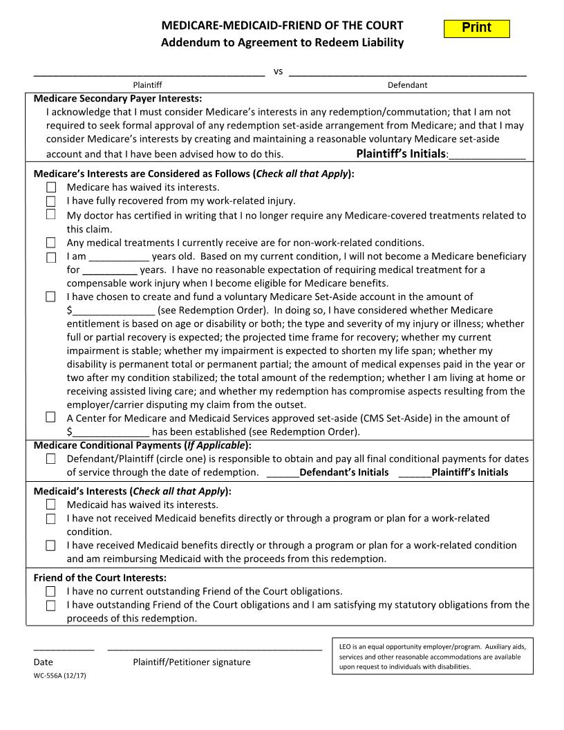 Addendum To Agreement To Redeem Liability {WC-556A} | Pdf Fpdf Docx | Michigan