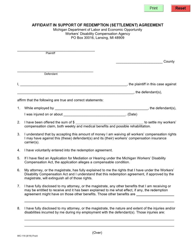 Affidavit In Support Of Redemption (Settlement) Agreement {WC-119} | Pdf Fpdf Doc Docx | Michigan