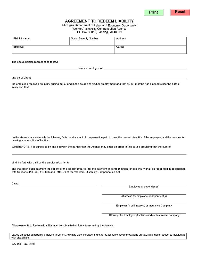 Agreement To Redeem Liability {WC-556} | Pdf Fpdf Doc Docx | Michigan