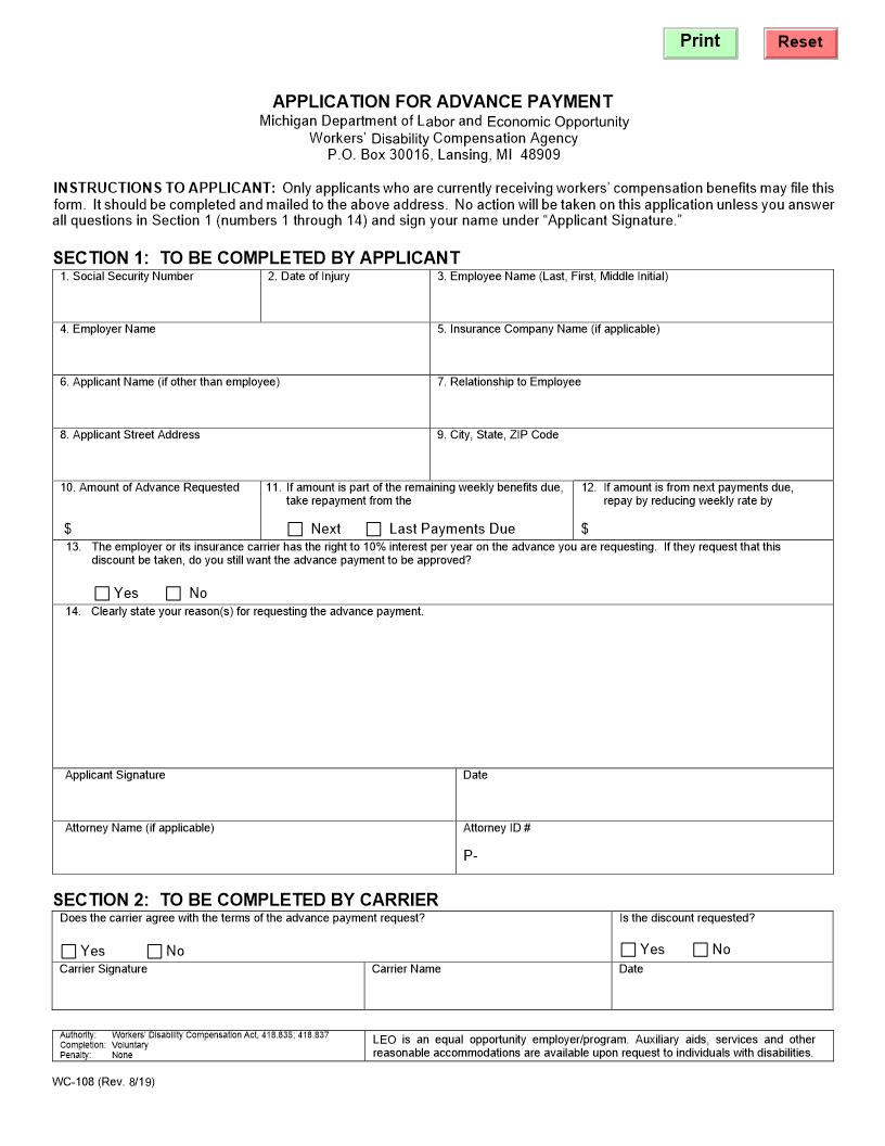 Application For Advance Payment {WC-108} | Pdf Fpdf Doc Docx | Michigan