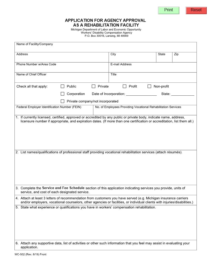 Application For Agency Approval As A Rehabilitation Facility {WC-502} | Pdf Fpdf Doc Docx | Michigan
