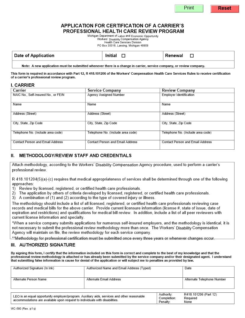 Application For Certification Of Carriers Professional Health Care Review Program {WC-590} | Pdf Fpdf Doc Docx | Michigan
