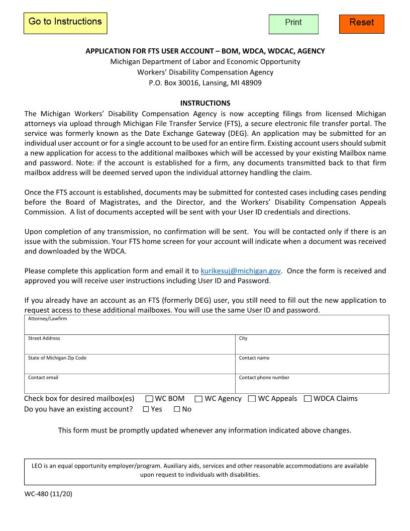 Application For FTS User Account (Attorneys) {WC-480} | Pdf Fpdf Docx | Michigan