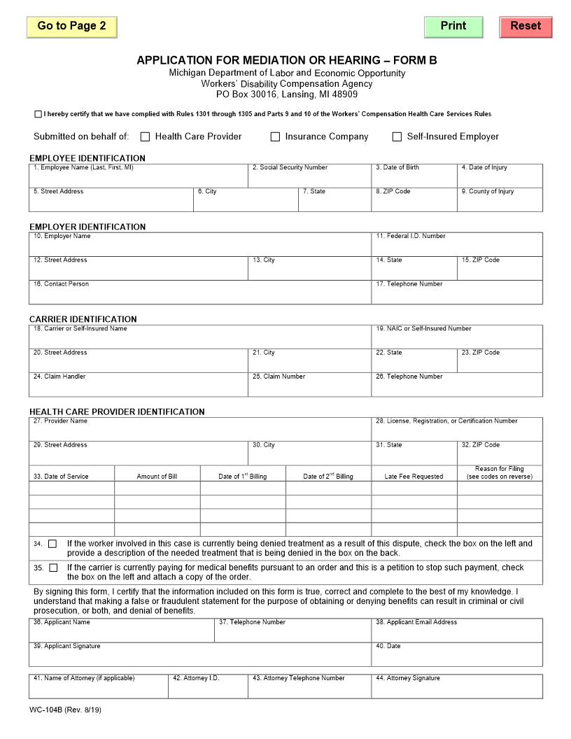Application For Mediation Or Hearing-Form B {WC-104B} | Pdf Fpdf Doc Docx | Michigan