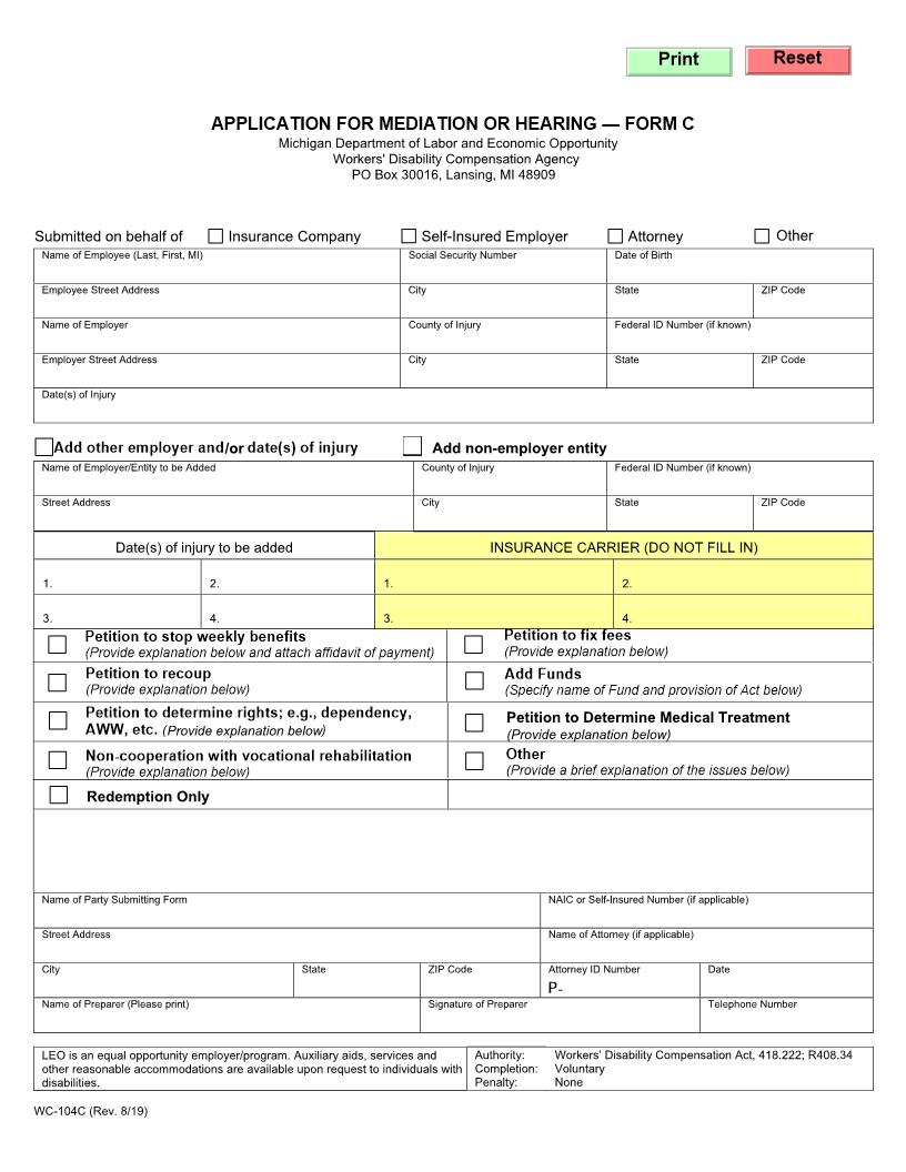 Application For Mediation Or Hearing-Form C {WC-104C} | Pdf Fpdf Docx | Michigan