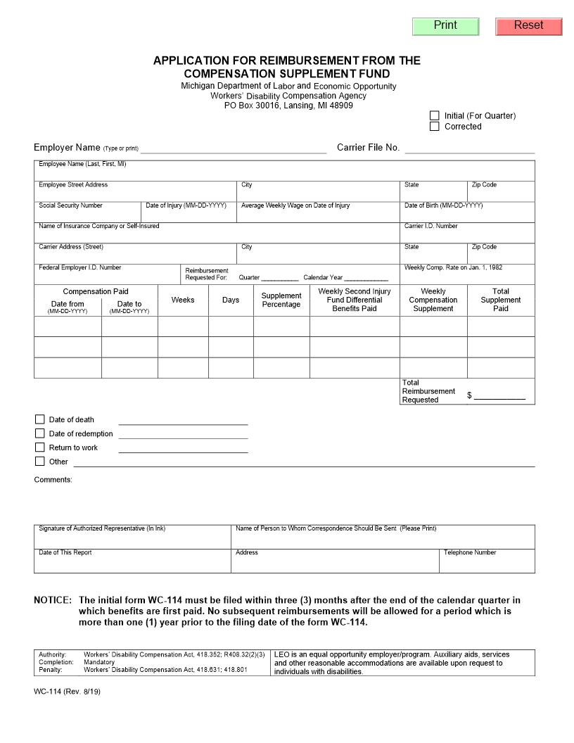 Application For Reimbursement From The Compensation Supplement Fund {WC-114} | Pdf Fpdf Doc Docx | Michigan