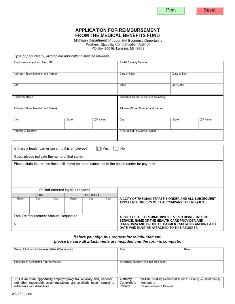 Application For Reimbursement From The Medical Benefits Fund {BWC-271} | Pdf Fpdf Doc Docx | Michigan