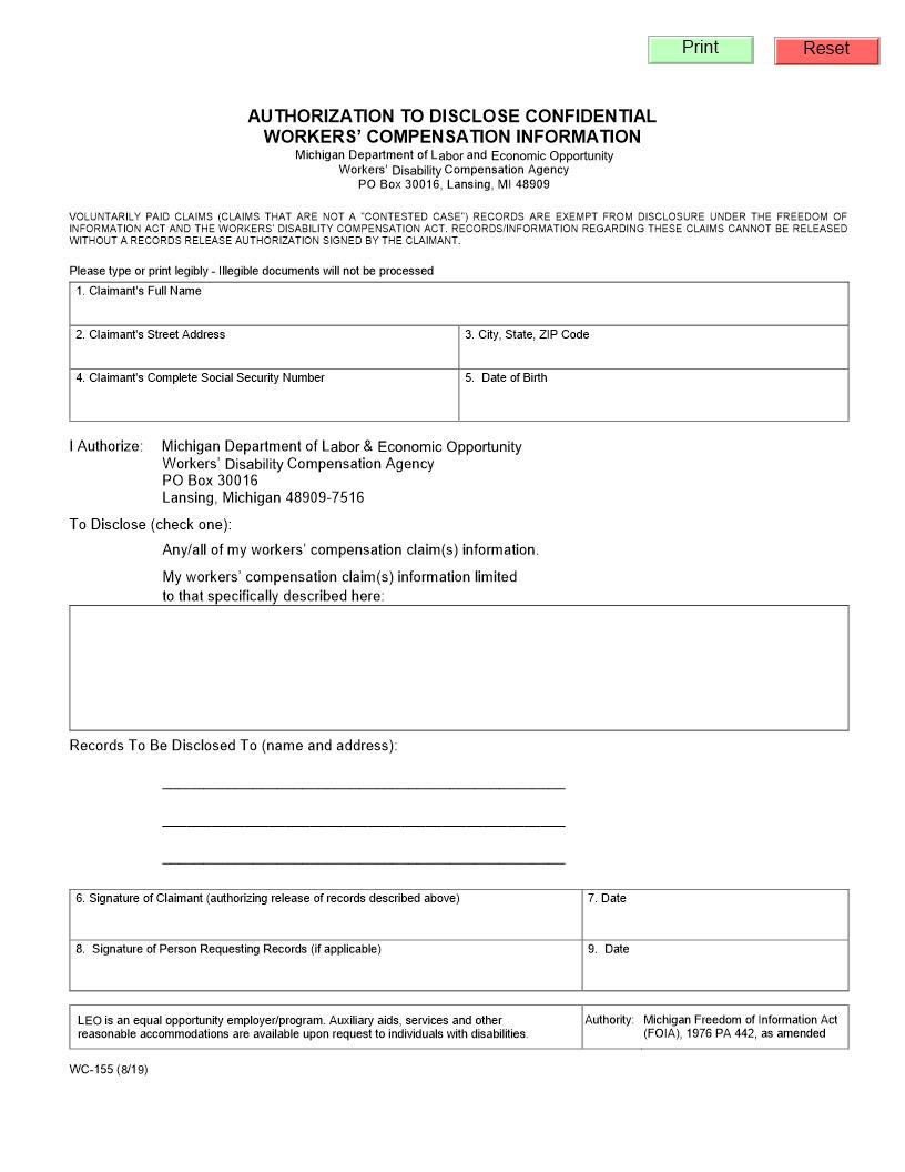 Authorization To Disclose Confidential Workers Compensatin Information {WC-155} | Pdf Fpdf Doc Docx | Michigan