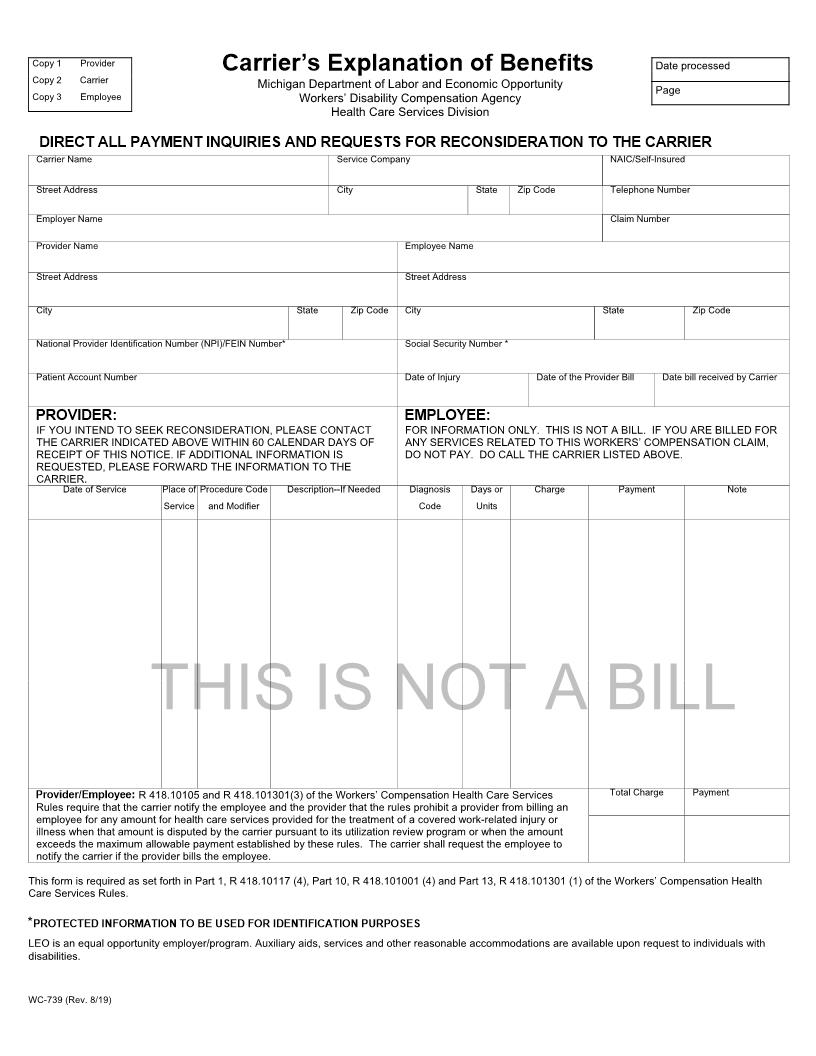 Carriers Explanation Of Benefits {WC-739} | Pdf Fpdf Doc Docx | Michigan