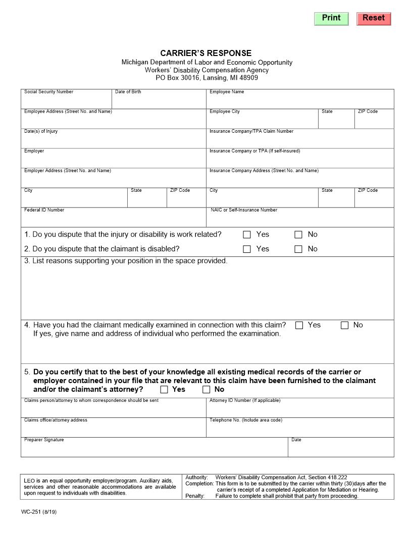 Carriers Response {WC-251} | Pdf Fpdf Doc Docx | Michigan