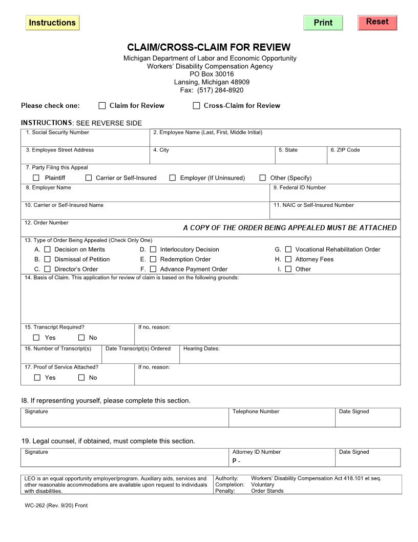 Claim For Review {WC-262} | Pdf Fpdf Doc Docx | Michigan