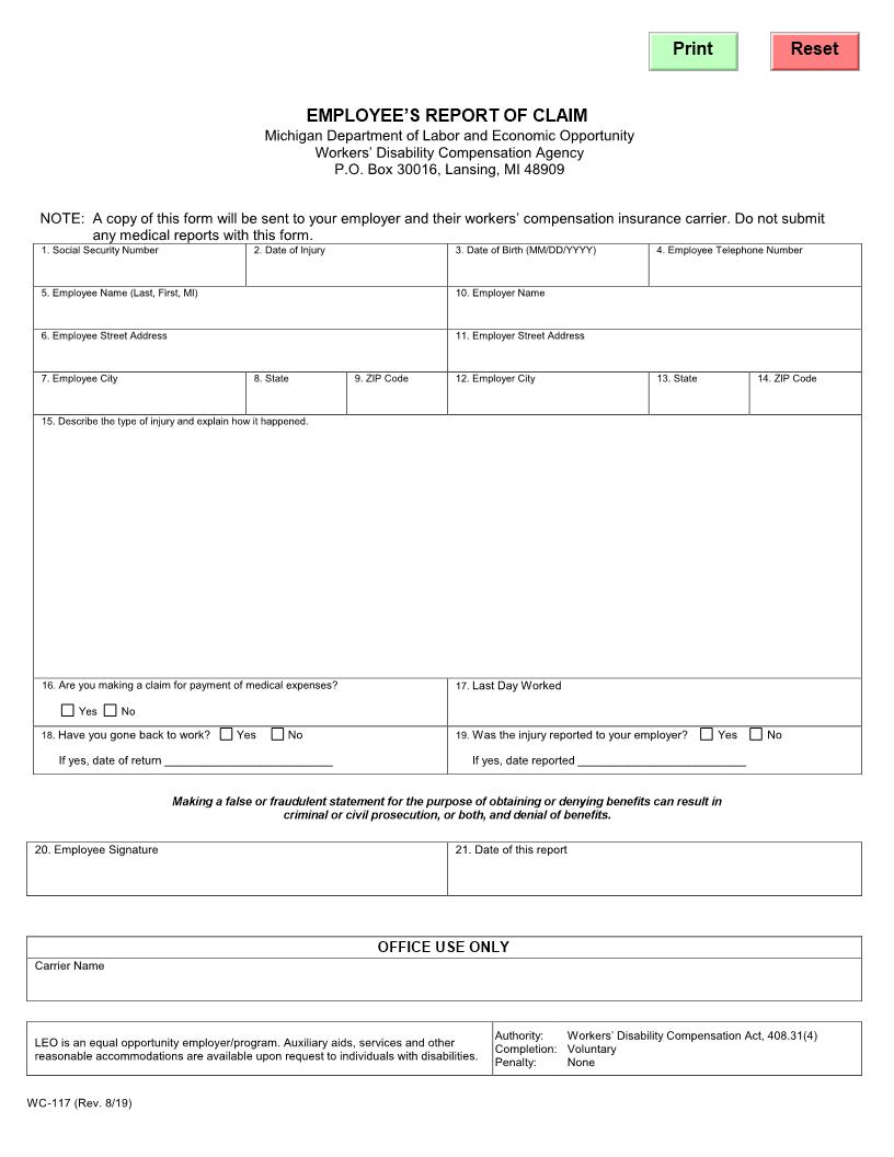 Employees Report Of Claim {WC-117} | Pdf Fpdf Doc Docx | Michigan