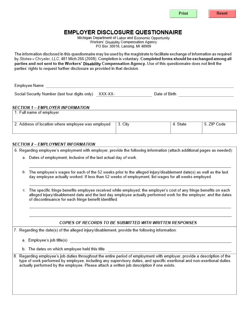Employer Disclosure Questionnaire {WC-105B} | Pdf Fpdf Doc Docx | Michigan