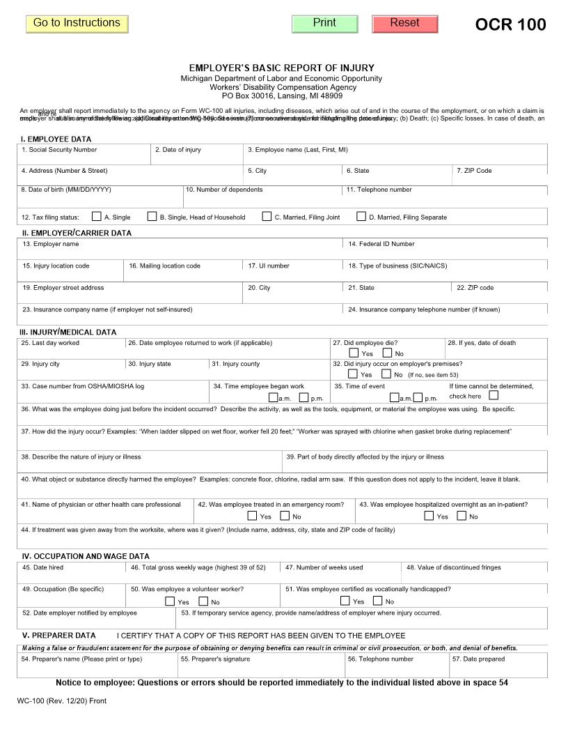 Employers Basic Report Of Injury {WC-100} | Pdf Fpdf Doc Docx | Michigan