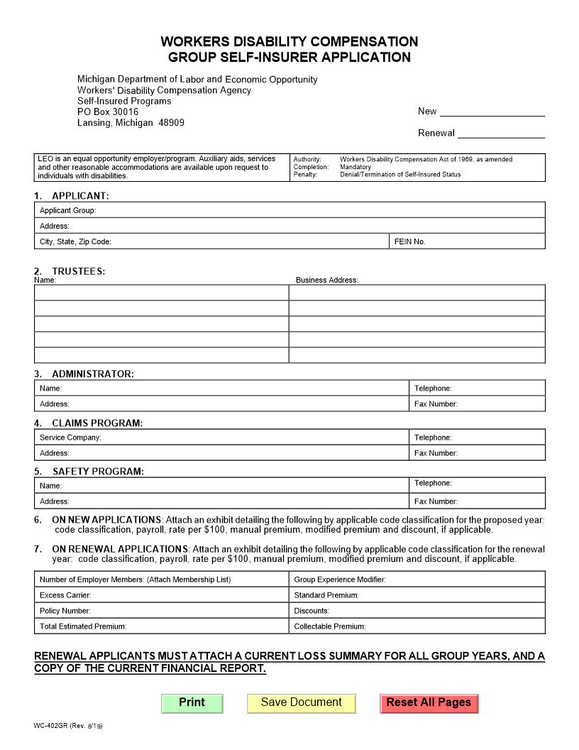 Group Self-Insurer Application {WC-402GR} | Pdf Fpdf Doc Docx | Michigan