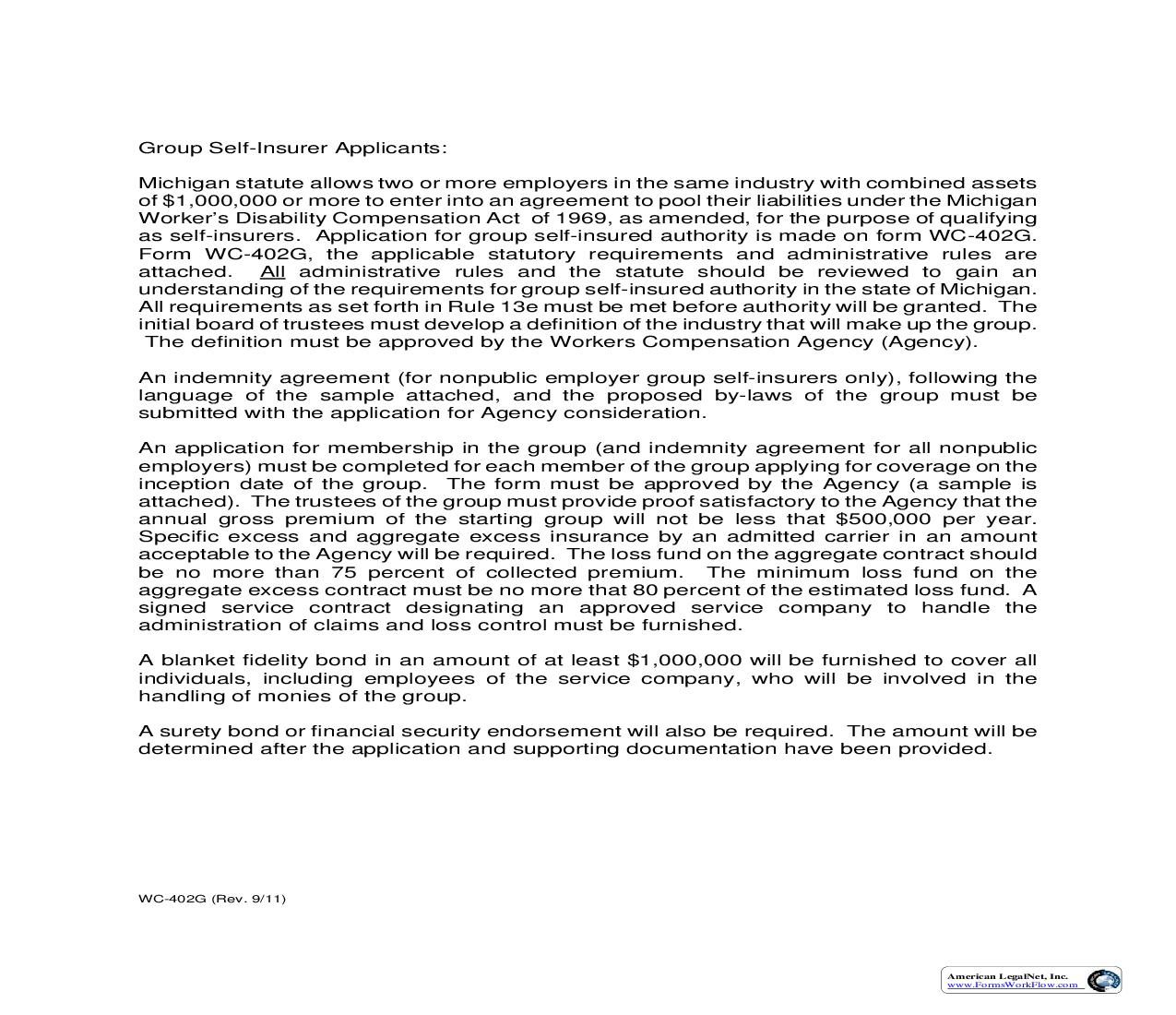 Group Self-Insurer Application Packet {WC-402G} | Pdf Fpdf Doc Docx | Michigan