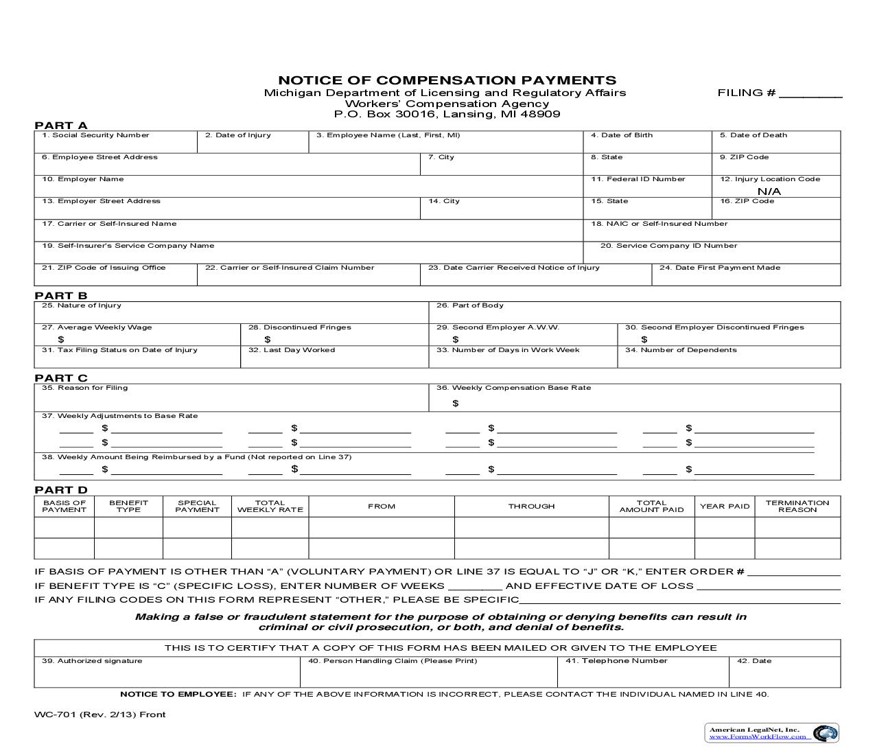Instructions For Notice Of Compensation Payments Form With Examples {BWC-701} |  | Michigan