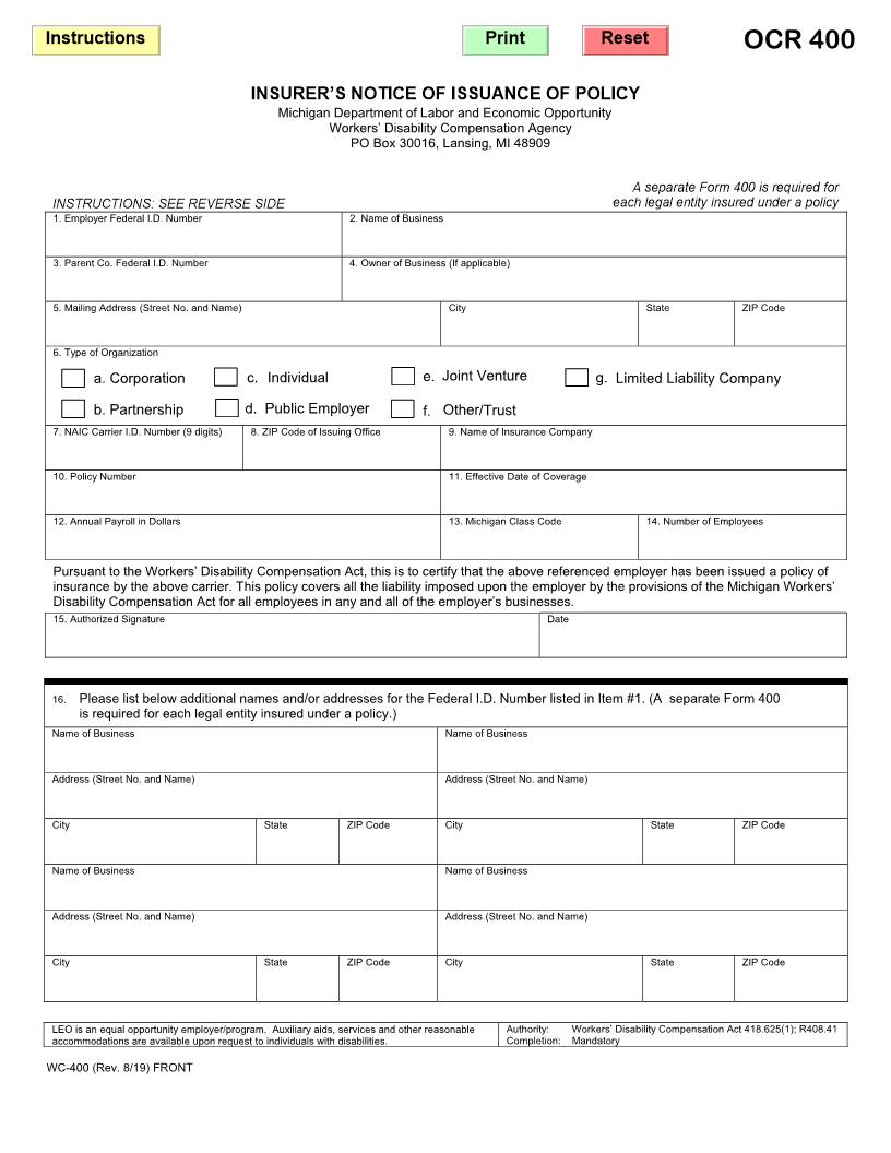 Insurers Notice Of Issuance Of Policy {WC-400} | Pdf Fpdf Doc Docx | Michigan