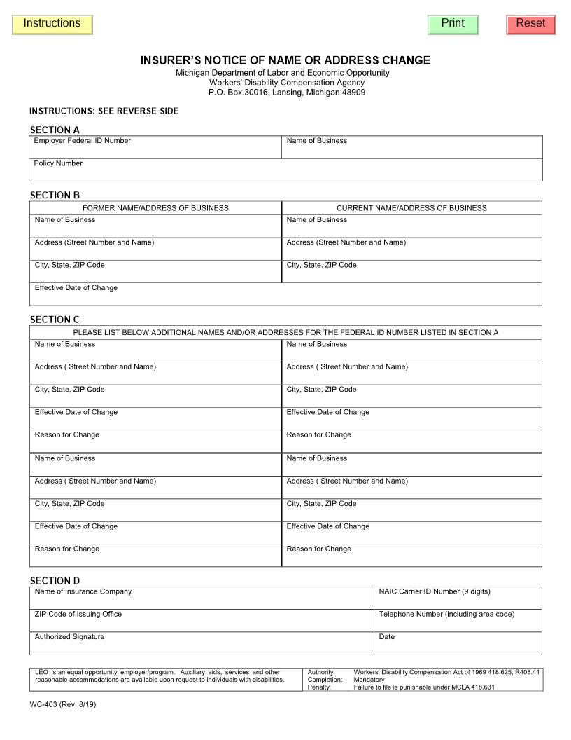 Insurers Notice Of Name Or Address Change {WC-403} | Pdf Fpdf Doc Docx | Michigan