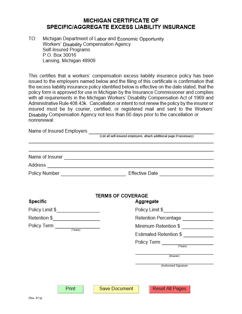 Michigan Certificate Of Specific Or Aggregate Excess Liability Insurance (Self Insurer) | Pdf Fpdf Doc Docx | Michigan