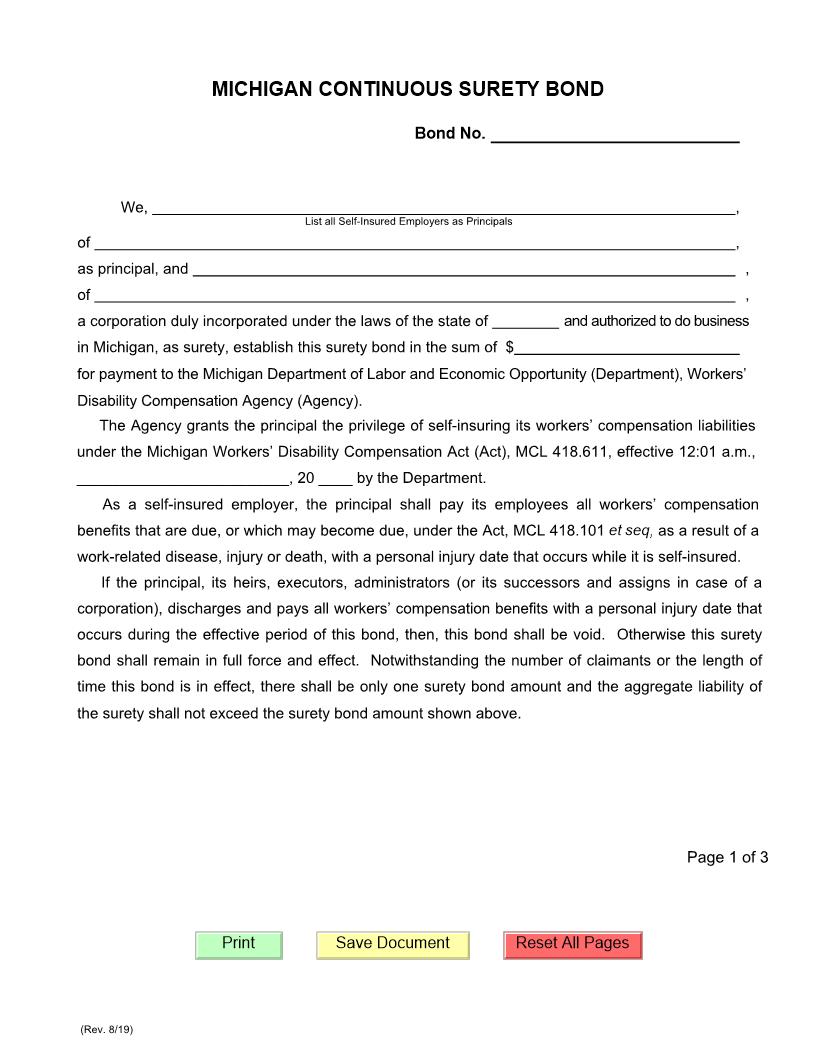 Michigan Continuous Surety Bond (Self Insurer) | Pdf Fpdf Doc Docx | Michigan