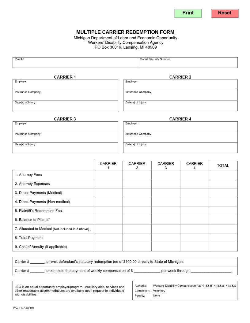 Multiple Carrier Redemption Form {WC-113A} | Pdf Fpdf Doc Docx | Michigan