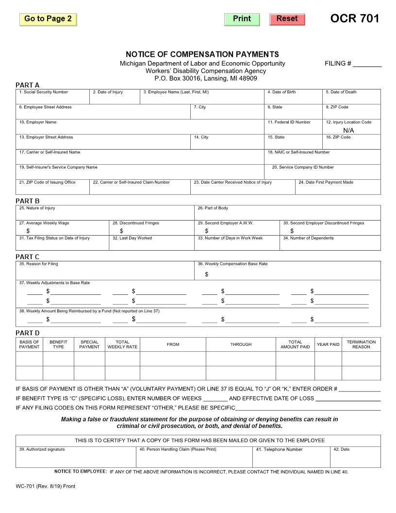 Notice Of Compensation Payments {WC-701} | Pdf Fpdf Docx | Michigan