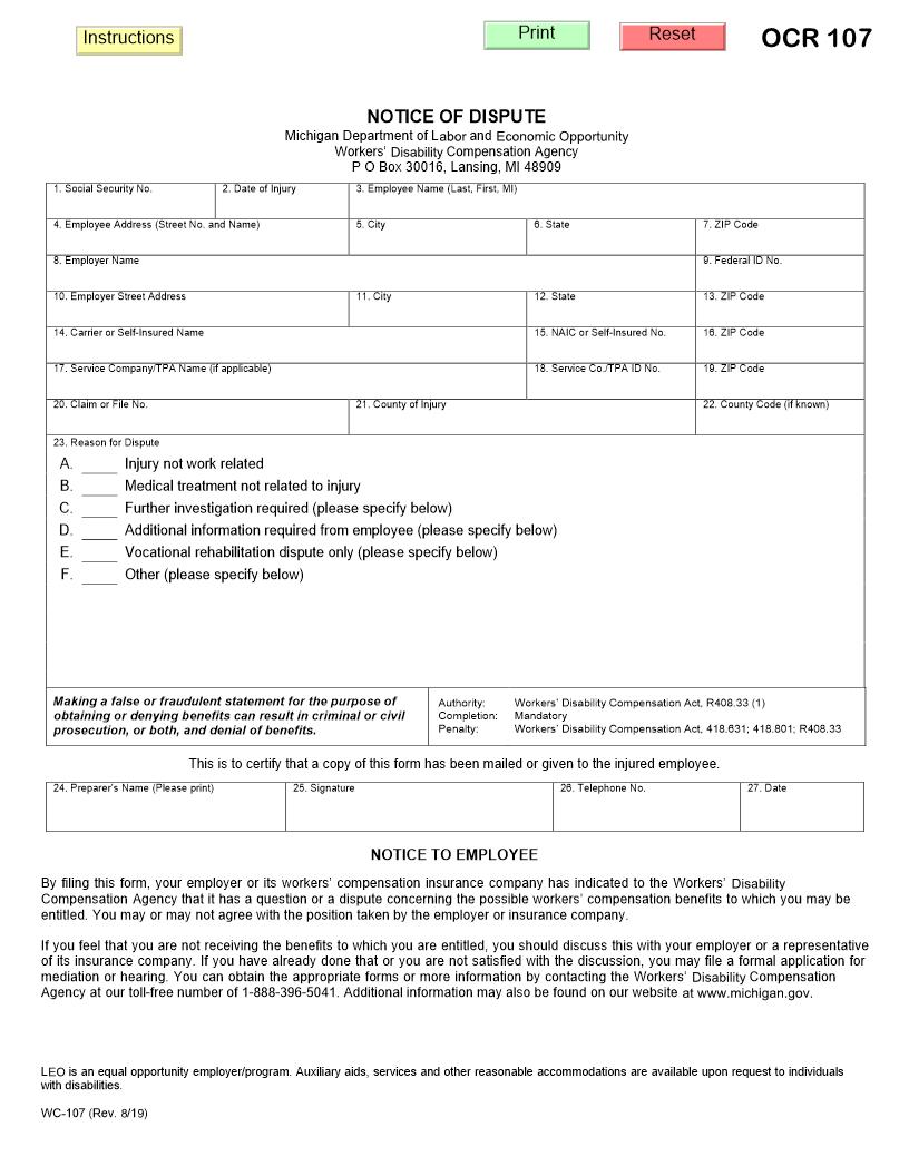 Notice Of Dispute {WC-107} | Pdf Fpdf Doc Docx | Michigan
